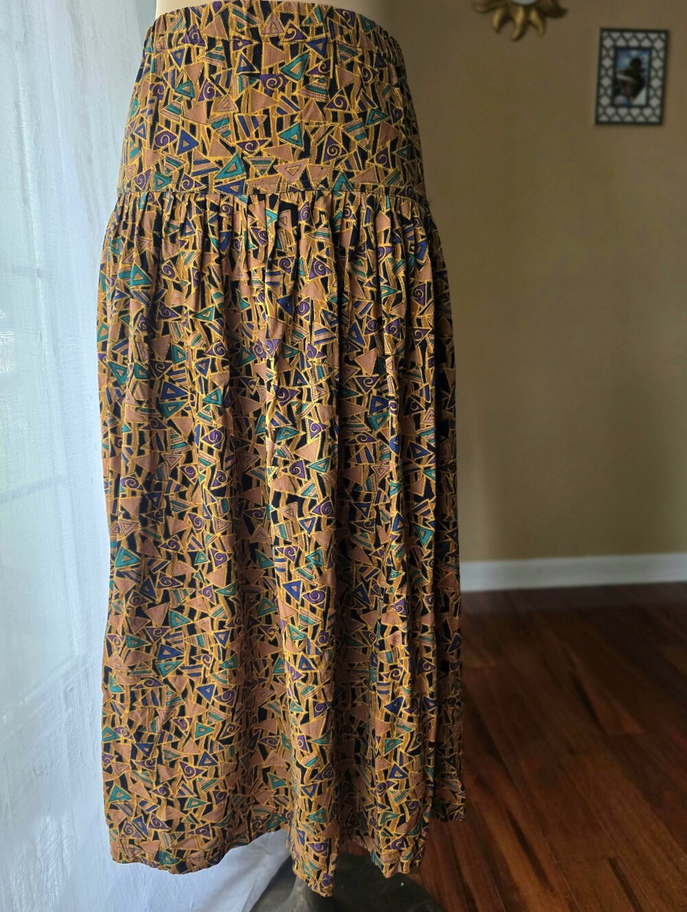 Vintage 80s Abstract Geometric Print High Waist Full Midi Skirt Boho Small